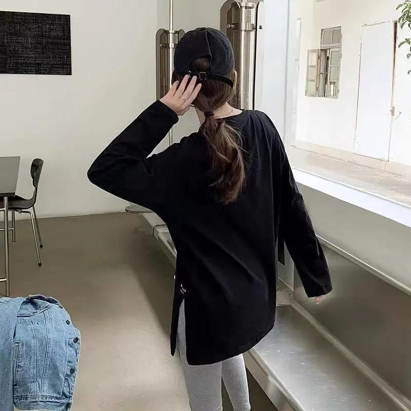 Dámské jarní a podzimní jednobarevné tričko s dlouhým rukávem s otevřeným výstřihem, pohodlné spodní tričko s kulatým výstřihem