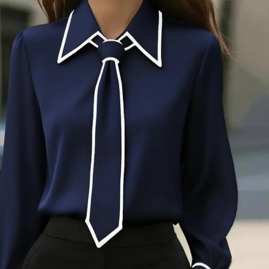 

Women s Slim Fit Long Sleeve Business Casual Shirt with Tie S темно-синього кольору