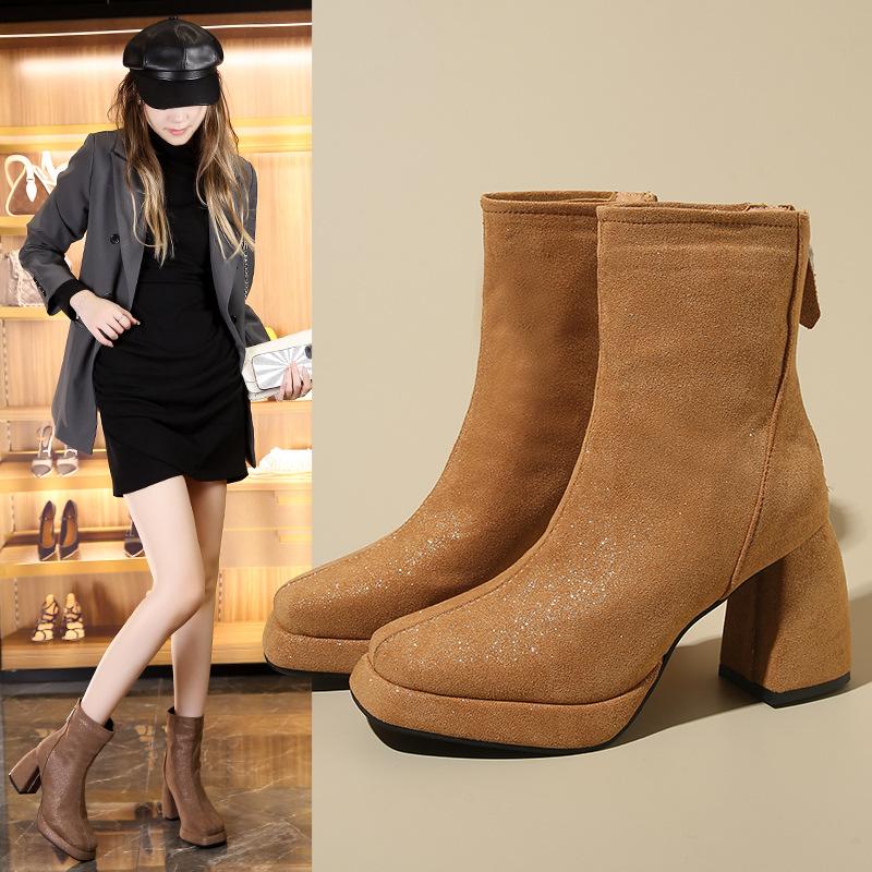 2025 autumn and winter new thick-soled high-heeled thick-heeled round-toed Martin boots children's European and American fashion after zipper women's