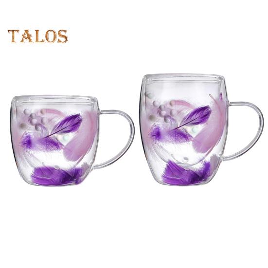 Double Wall Glass Coffee Mug 250/350ml Feather Design Cup with Handle Insulated Anti-Scalding Comfortable Grip Temperature Control Tumbler for Tea