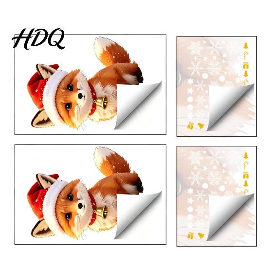 Removable Holiday Glass Stickers Christmas Cute Fox Static Window Clings Santa Hat Snowflake Gift Tree Pattern Decal Decals Self-Adhesive Winter for