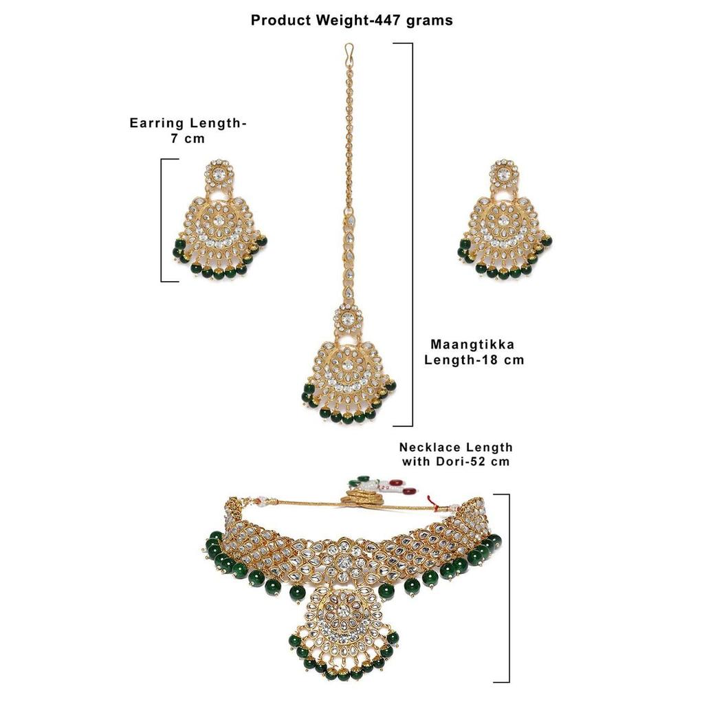 Green Beads Bridal Kundan Choker & Long Necklace, Earring & Maangtikka Set For Women
