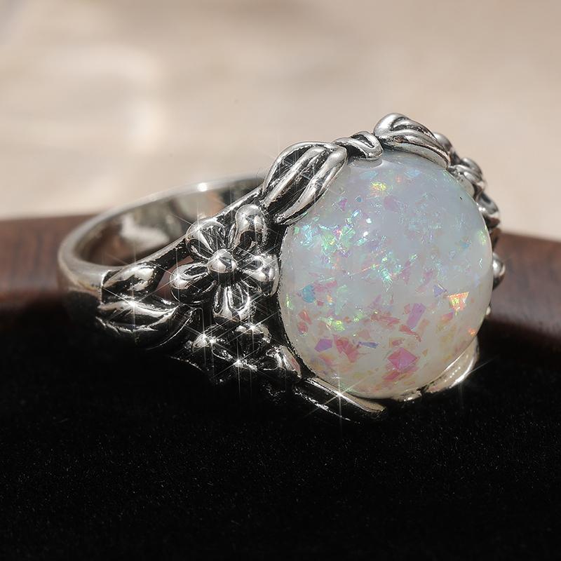 Vintage CopperColor Round Inlaid Imitation Opal Women's Ring Daily Wear Party Jewelry