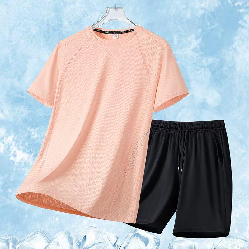 Premium Plus Size Ice Silk Sportswear Set for Men & Women: Quick-Dry T-Shirt & Shorts for Summer Fitness