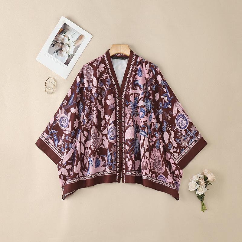 ZANZEA Women Casual V-Neck 3/4 Sleeve Loose Print Beach Cover Up Blouse S коричневый