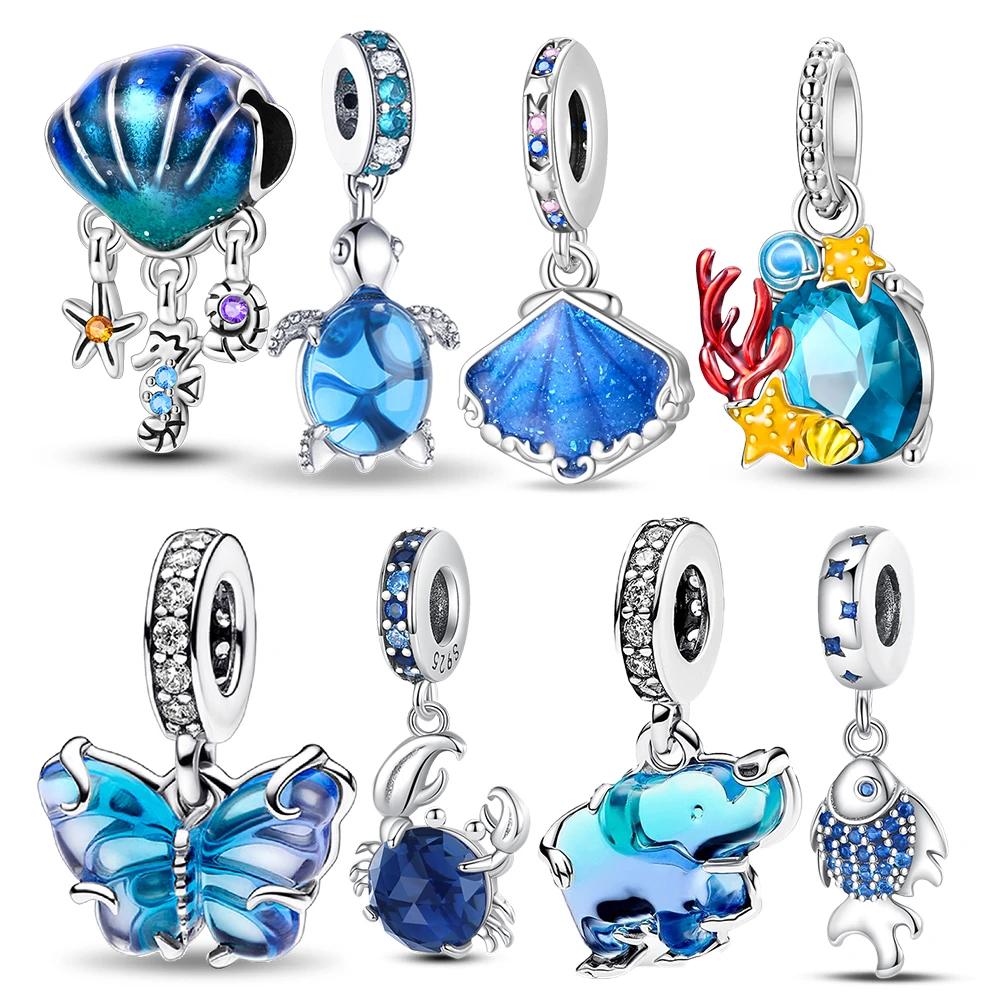 Copper Metal Lucky Symbol Gradient Blue Glass Big Lucky Elephant Necklace Charm Bead Components Compatible With Bracelet High Quality Fine Jewelry