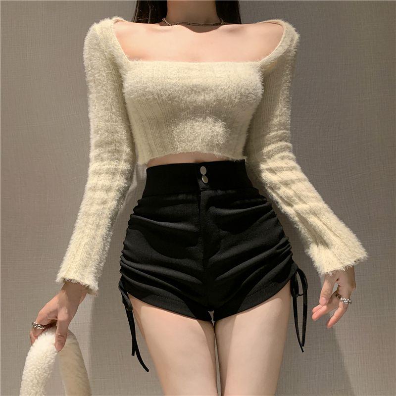 Plus Size Black Pleated Drawstring Shorts - Korean Style Sweet and Spicy Hip-Hugging ElastiFit Slimming Casual Women's Hot Pants