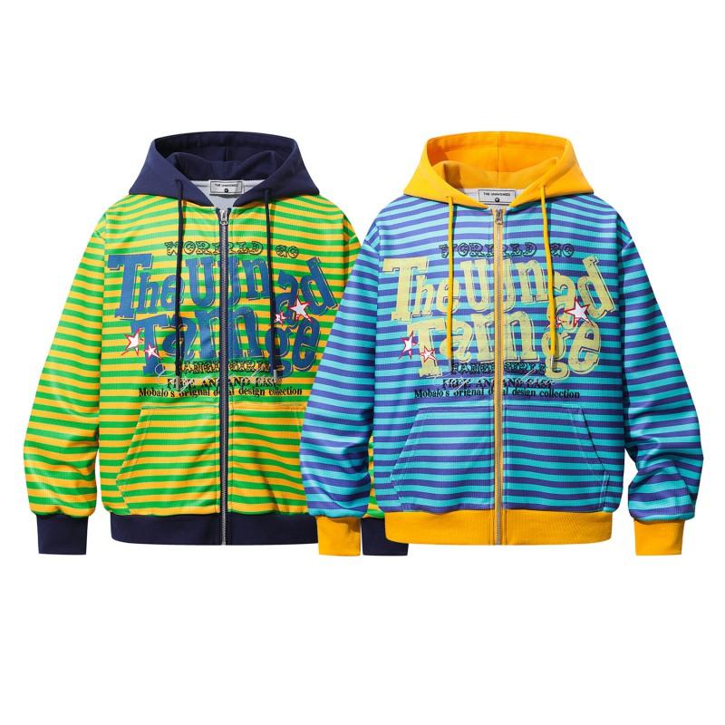 American Vintage Striped Zip Up Hoodie Men Women Loose Fit Casual Sweatshirt With Print