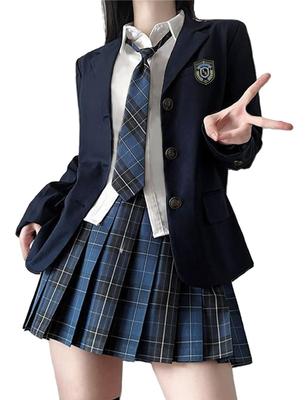 Sivrusn High School Girl Cosplay Uniform Checkered and Perfect for Graduations and Entrance Size 5-Piece Set Blazer, Skirt, Tie, Shirt, Badge.