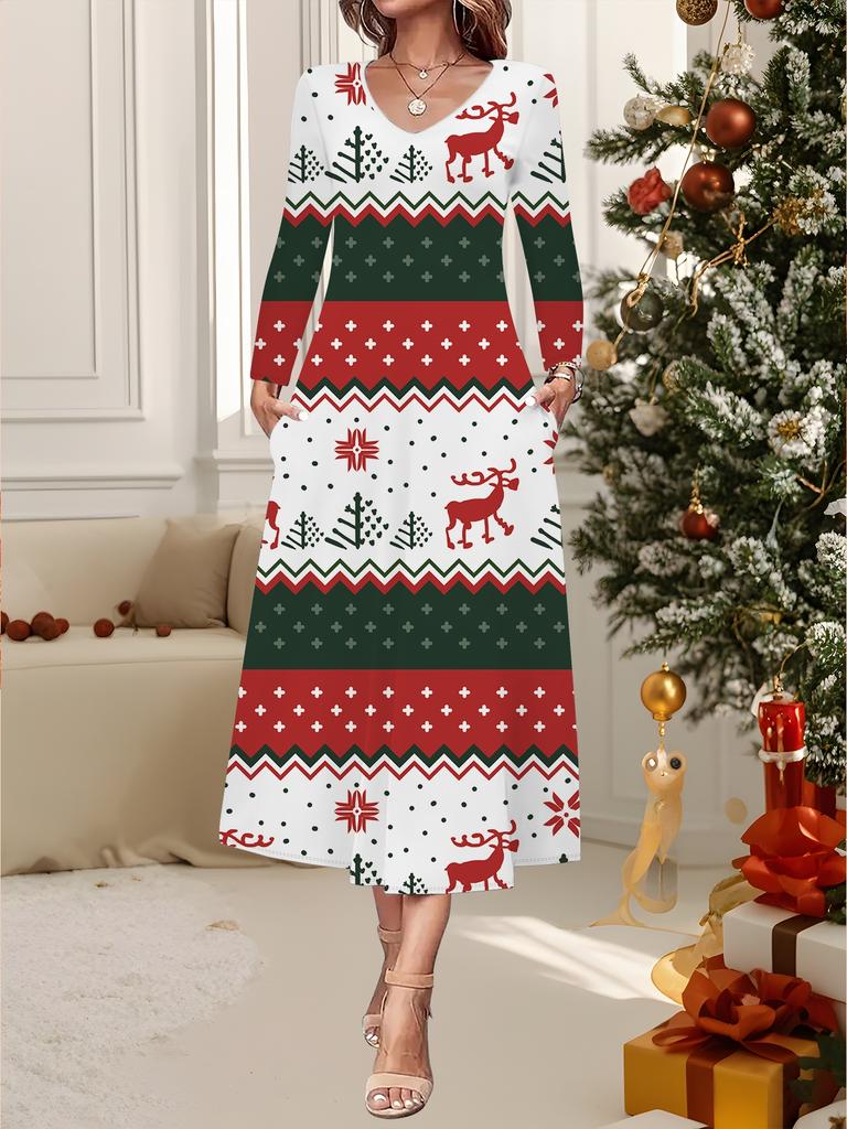 Nuovo Vestito Casual Moda Donna Autunno Inverno 2025 Stampa Fantasia Fiocco di Neve 3D Manica Lunga Scollo a V Linea ad A Vestiti Regalo di Natale