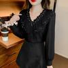 V-neck Long Sleeve Pleated Ruffled Lace Blouse 2023 Elegant Women Sweet Simple Chiffon Shirt Ladies Casual Loose Top Mujer 29723