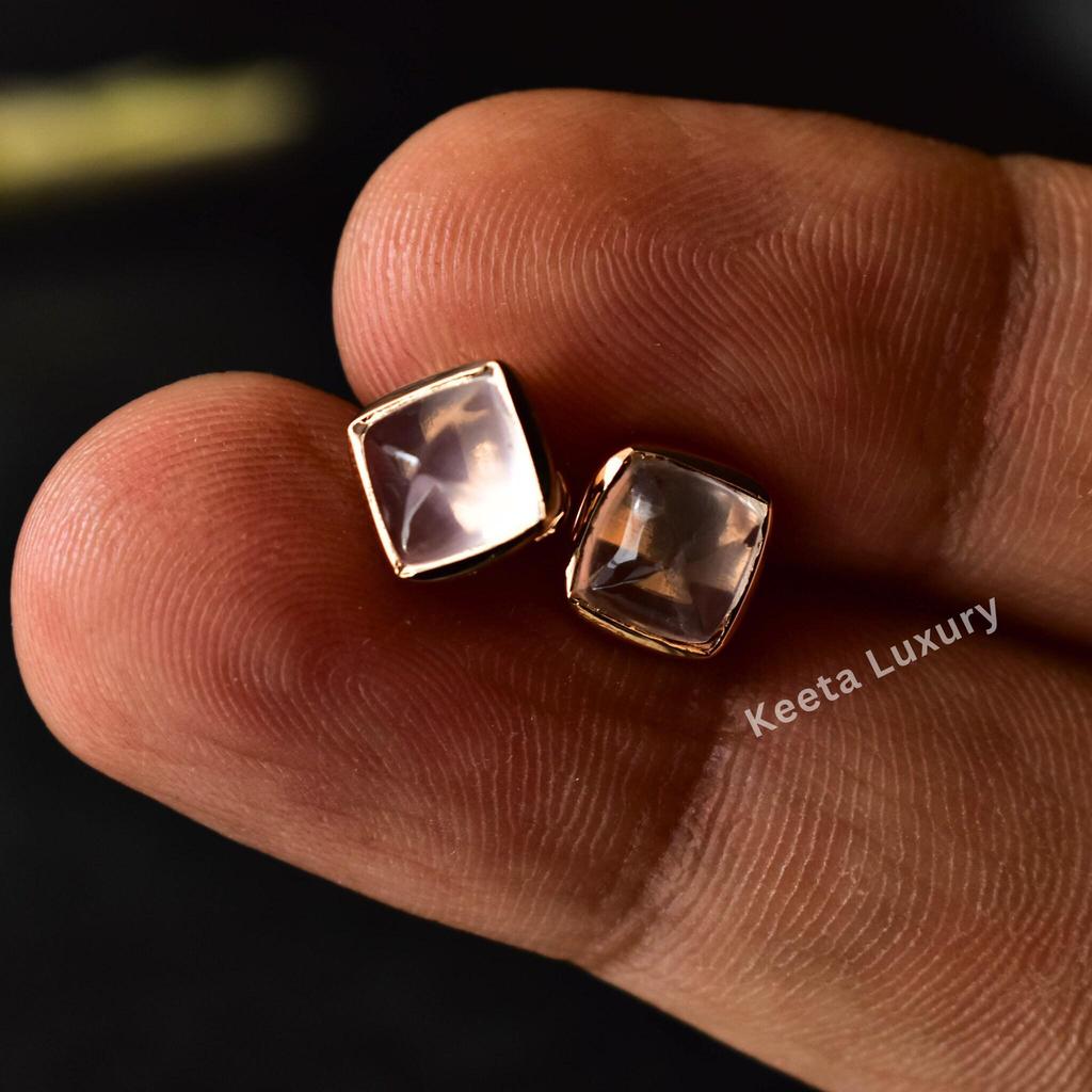 Natural Rose Quartz Studs,  Sterling Silver Pink Rose Quartz Sugar Loaf Stud Earrings, Quartz Studs, Bridesmaid Studs , Rose Quartz Jewelry