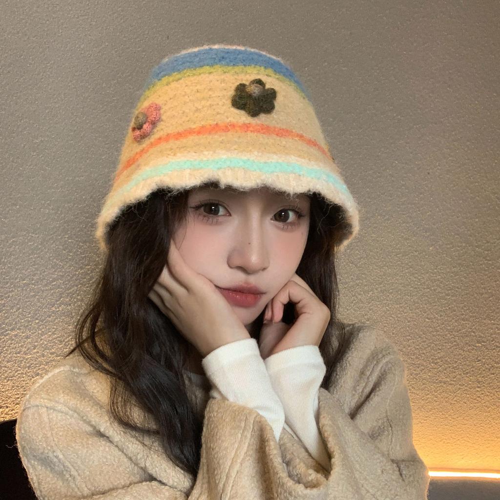 New dopamine color retro handmade warm plush hat women's autumn and winter wool hat knitted bucket hat cold hat