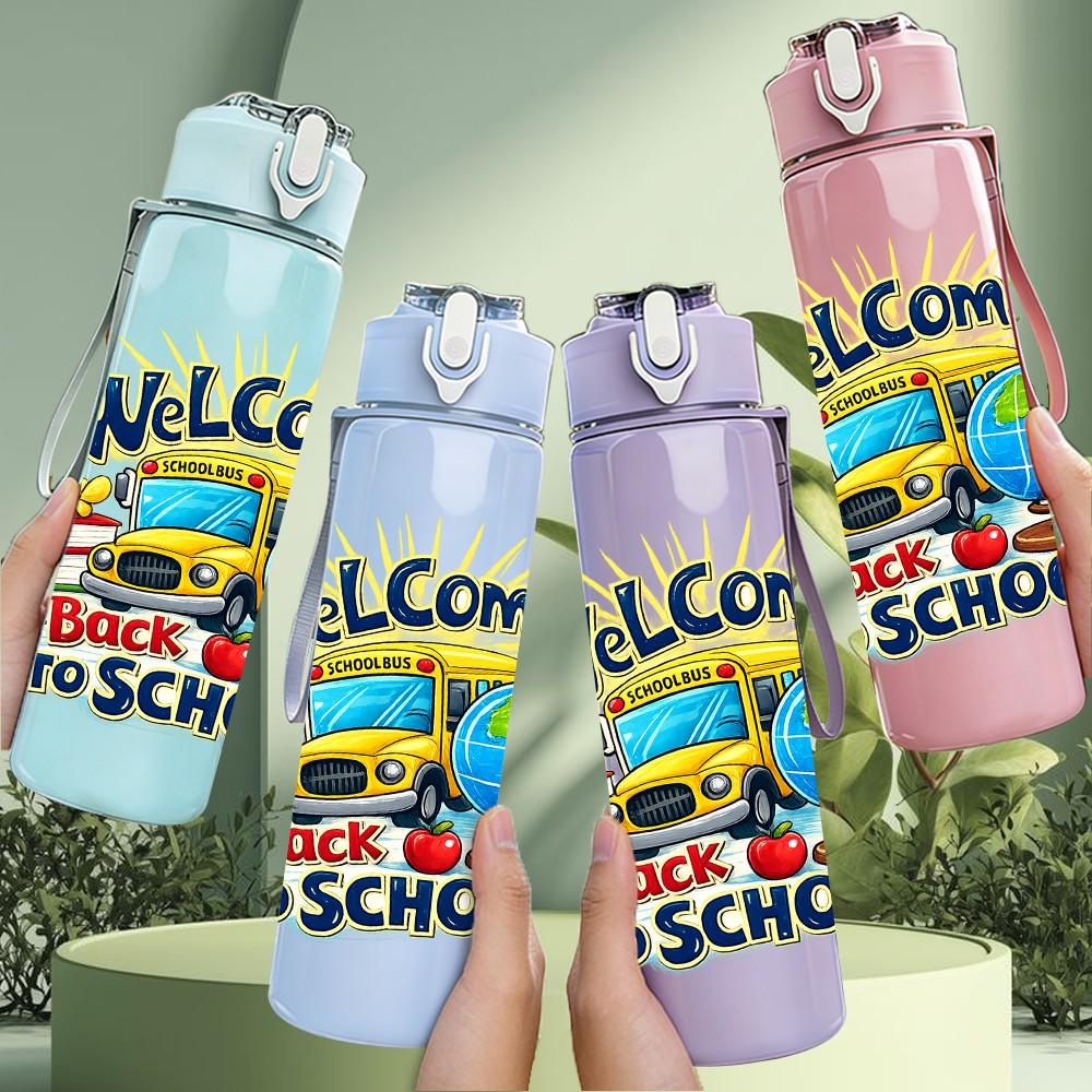 1PC Welcome Back To School Theme 750ml Color Plastic Sports Water Bottle Leakproof Flip Straw Lid Suitable for Sports Office Home Use