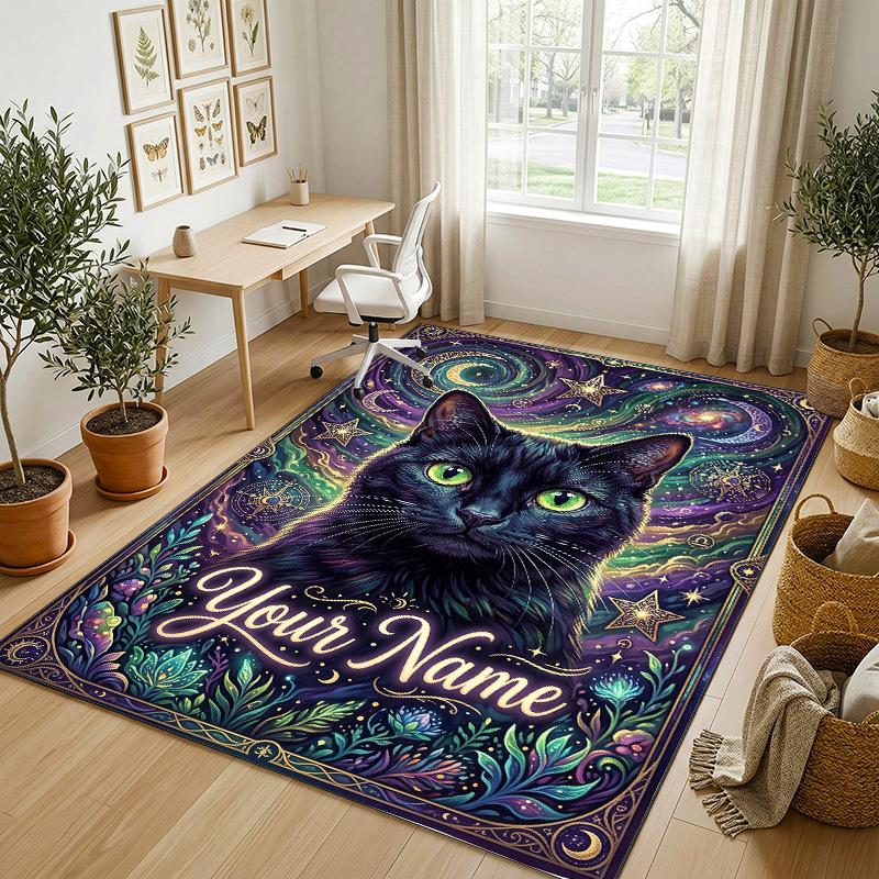 Cosmic Cat Dreamscape Theme Soft Crystal Velvet Rug Custom Name & Text Print Non Slip Floor Rug for Bedroom Living Room