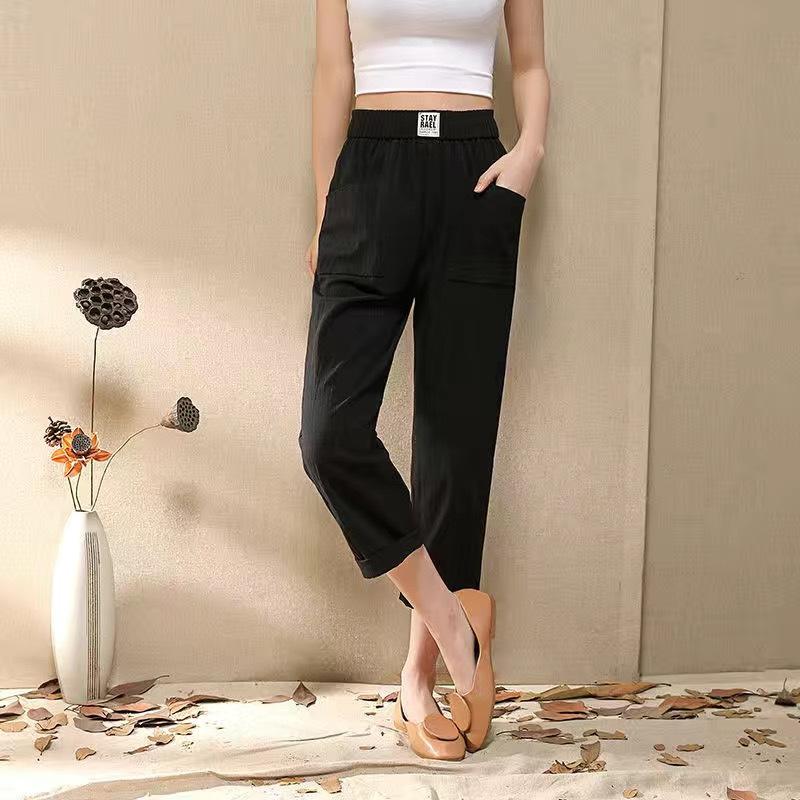 Sommer Baumwolle und Hanf Damen Einfarbig Cropped Hosen Große Größe Harems Hose Freizeithose