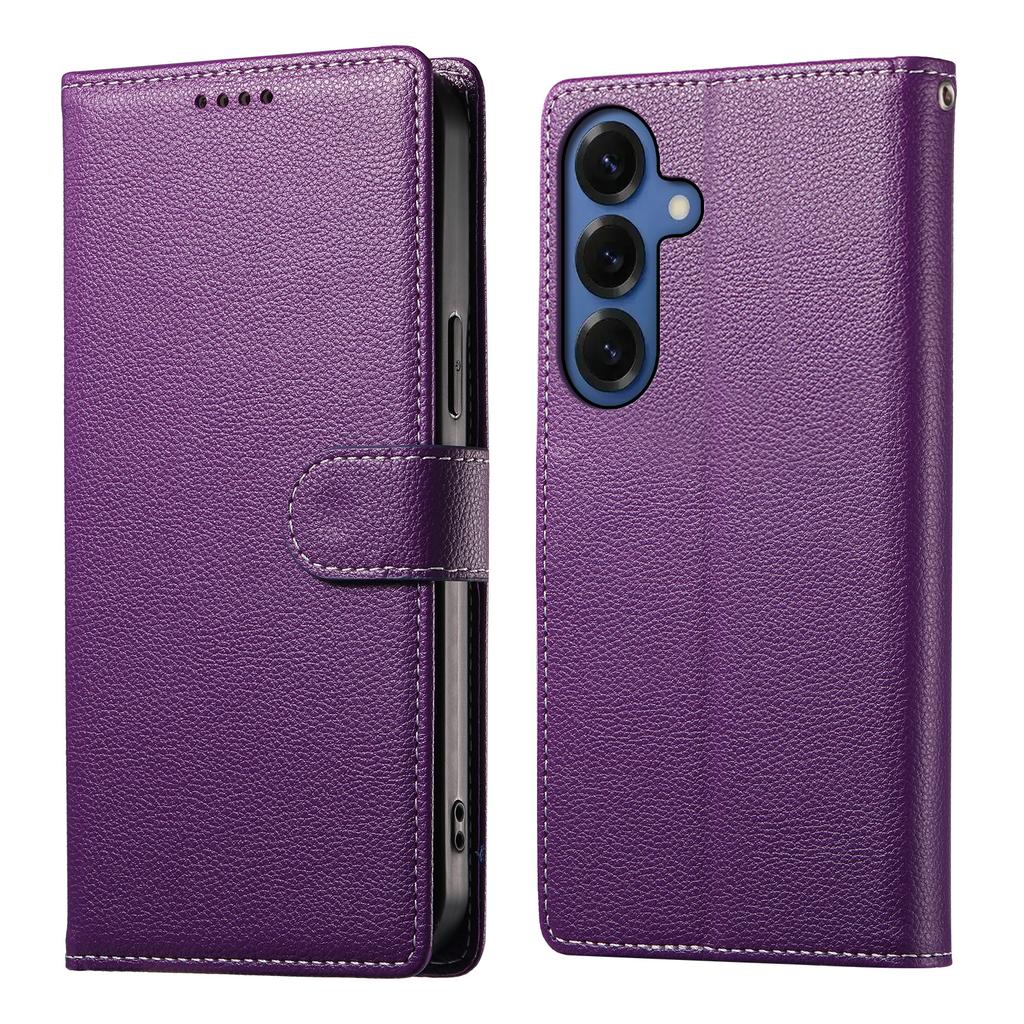 For Samsung Galaxy S26+ Case Magnetic Snap Litchi Texture Leather Wallet Phone Cover with Wrist Strap