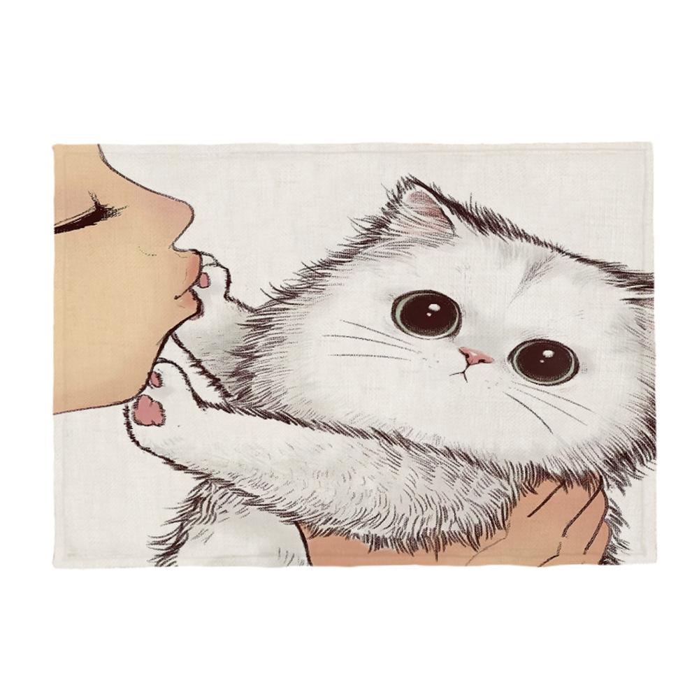 Kočičí lněná podložka na stůl Roztomilý odmítá políbit Prostírání s kresleným vzorem Dekorace na kuchyňský stůl Mat