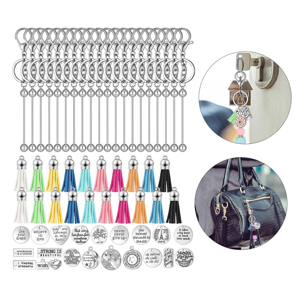 Set of 60 Customizable Keychain Set Motivational Keyring Accessories with Silver Blank Beads and Leather Tassels