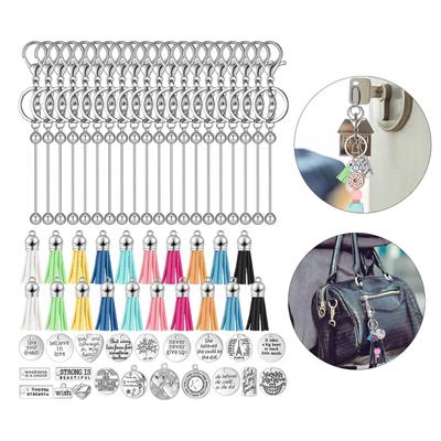 Set of 60 Customizable Keychain Set Motivational Keyring Accessories with Silver Blank Beads and Leather Tassels