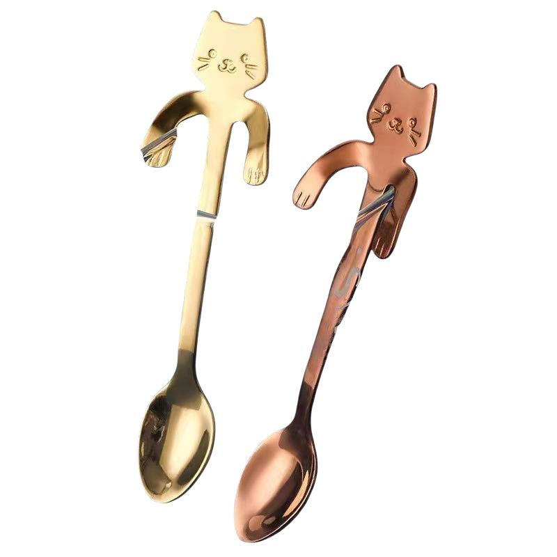 Aço Inoxidável Gato Fofo Colheres Penduradas Borda Lisa Design Adorável Adequado Para Café Chá Sobremesa Uso Doméstico
