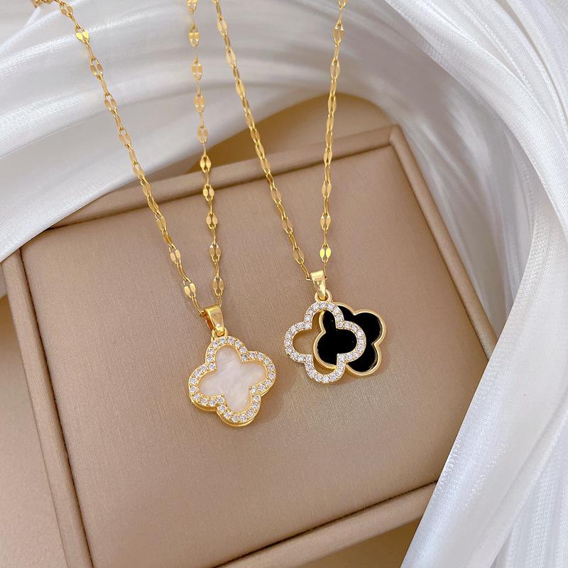 New Diamond-Encrusted Four-Leaf Flower Necklace Femininity Girl High-End Double-Sided Shell Collarbone Chain Explosion