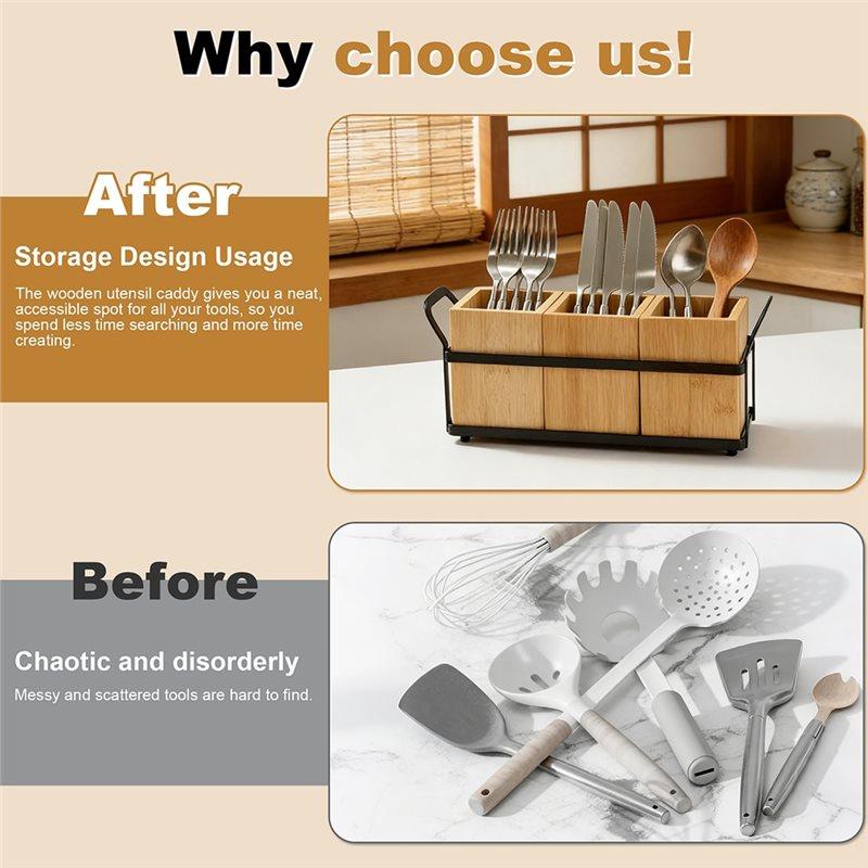 SHGO-Bamboo For Countertop Kitchen Utensil Holder 3-Compartments Organizer For Cooking Tools, Silverware, And Spatulas