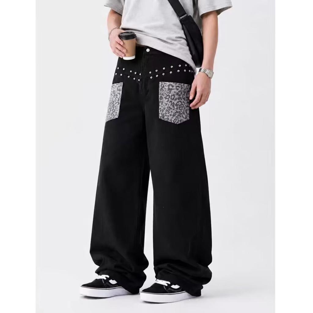 American retro cashew flower patch embroidered wide-leg jeans straight loose design drape long pants
