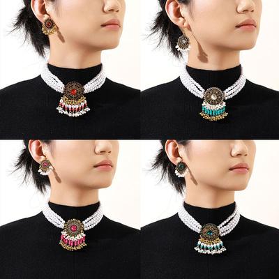 Multi-layer Pearl Rice Bead Tassel Ear Necklace Set Retro Ethnic Style Hair Accessory