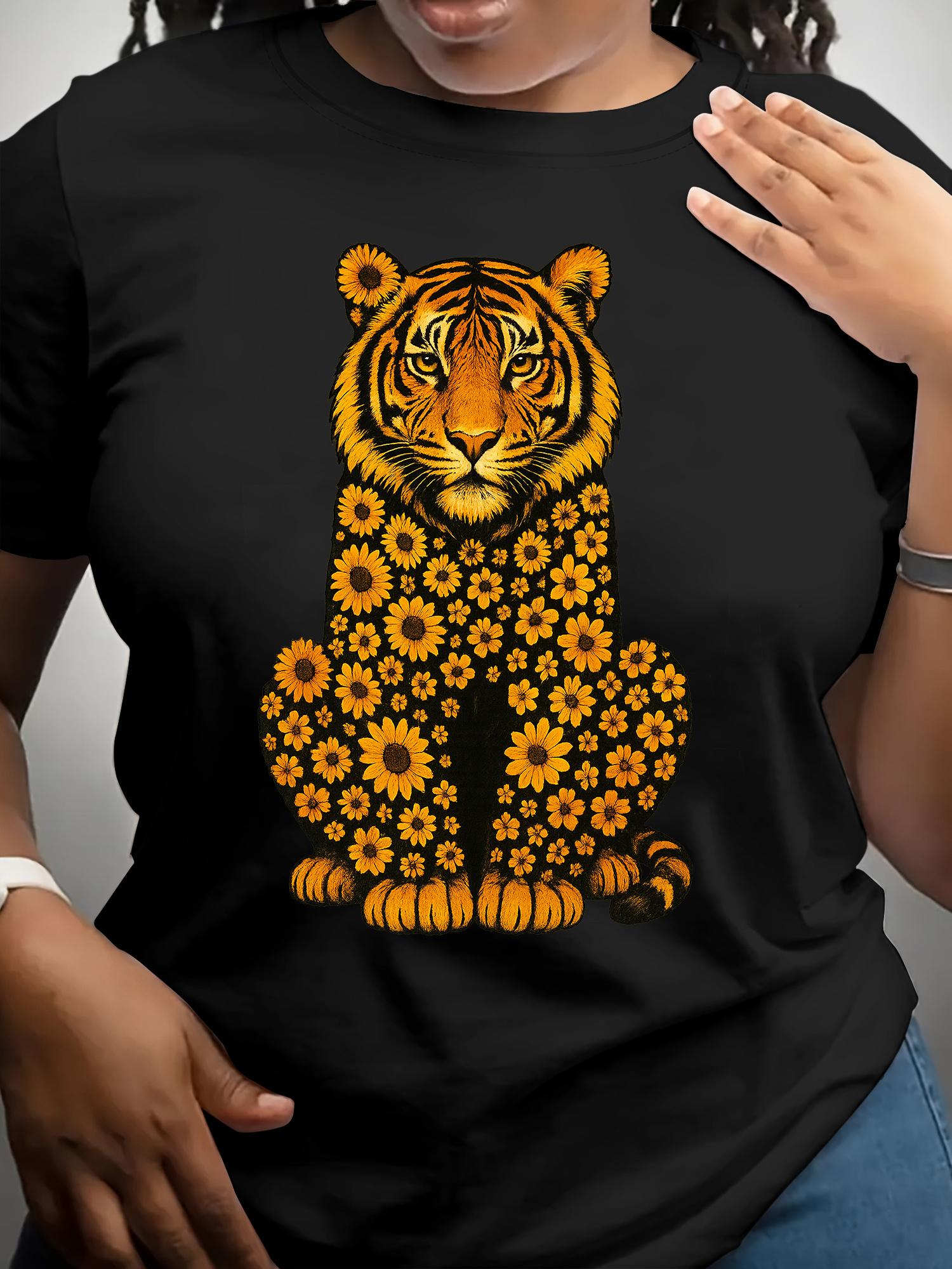 

Women s T-Shirts] Casual Women s Short-Sleeved T-Shirts | Flower Tiger Print, Round-Neck Tops for Spring and Summer 4XL чорний