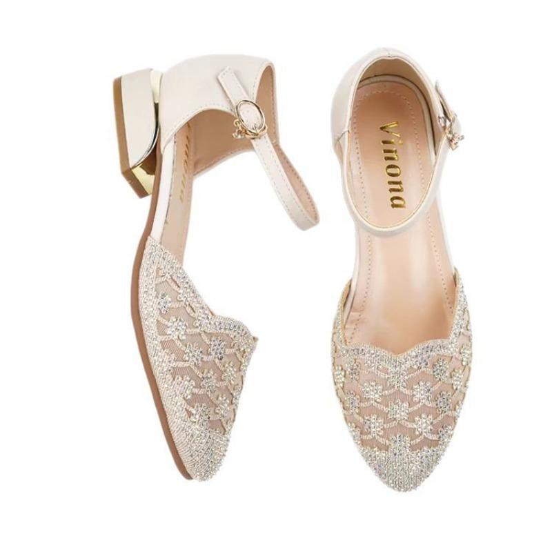 New Style Sandals Mid-heel Shoes with Toe Caps Rhinestone Shoes Single Shoes Mom Shoes