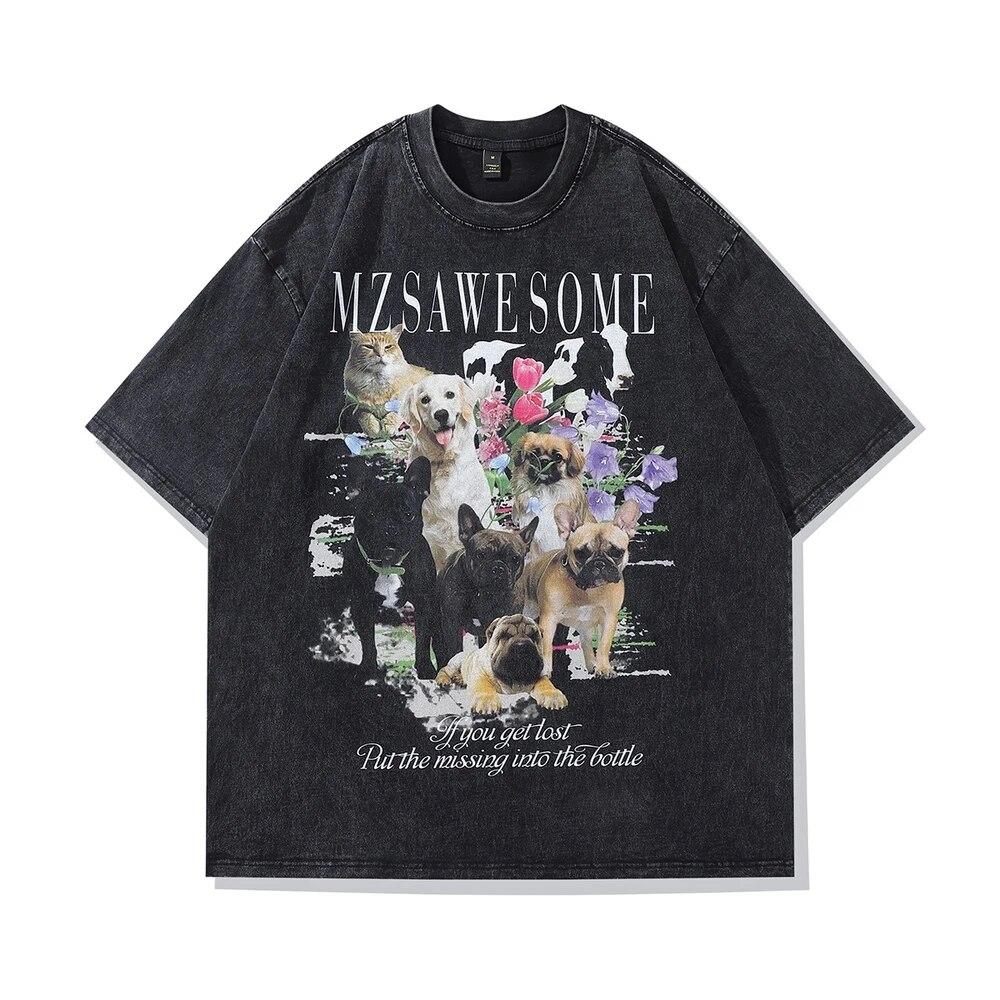 

Лето 2023 года, футболка в стиле хип-хоп, Harajuku, уличная одежда, футболки с принтом собаки, кошки, животных, мужские модные повседневные свободные потертые футболки