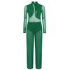 Girls Gymnastics Performance Costume Sheer Mesh Patchwork Wide Leg Metallic Long Sleeve Jumpsuit