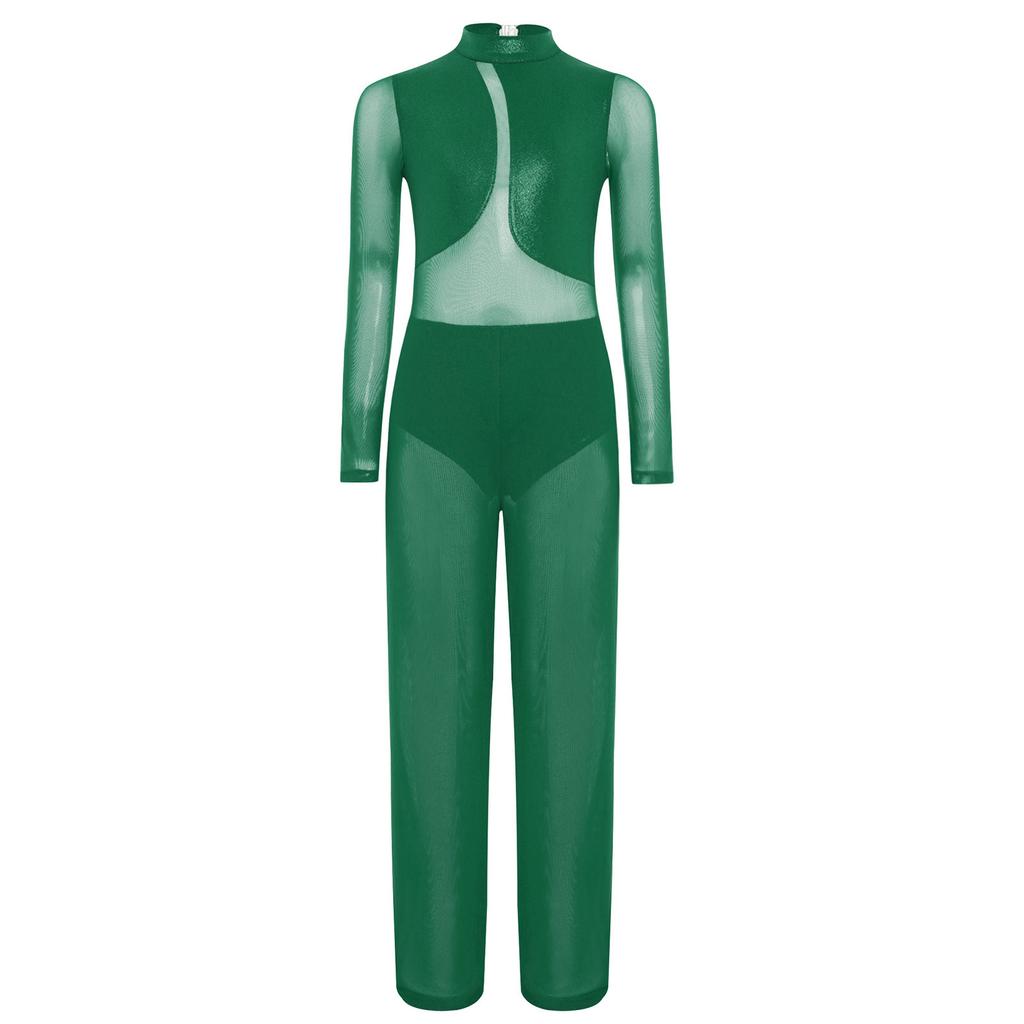 Girls Gymnastics Performance Costume Sheer Mesh Patchwork Wide Leg Metallic Long Sleeve Jumpsuit