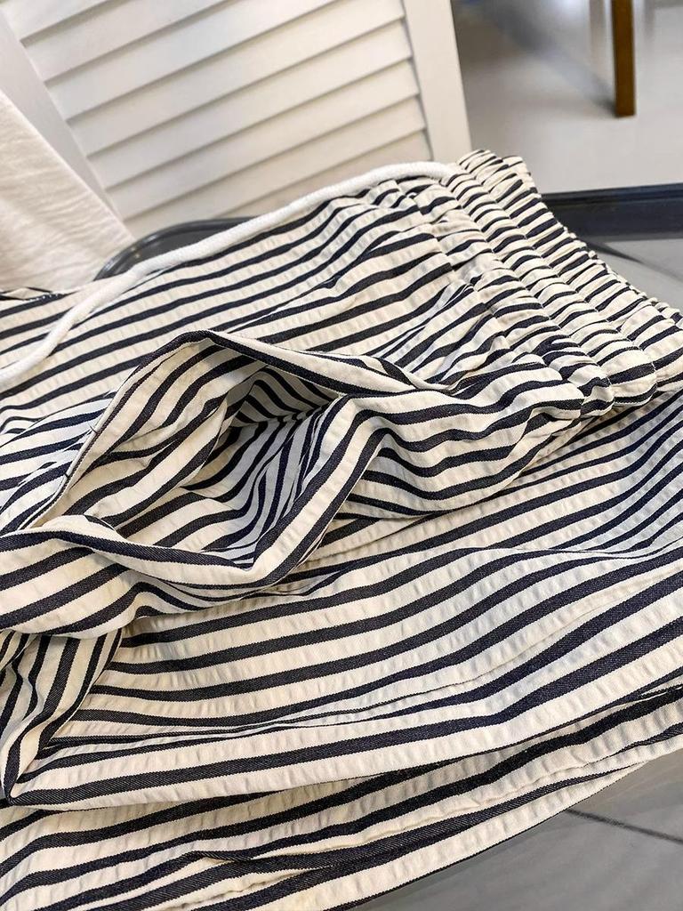 Women's Petite Retro Striped Wide-Leg Pants - Summer Casual Slimming Straight-Leg Style