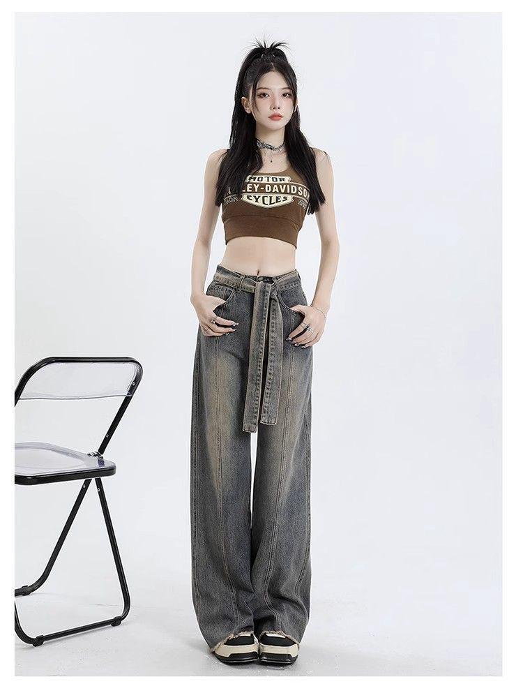 Women's Retro Washed High-Waist Wide Leg Jeans - Distressed and Slimming Style for Spring & Autumn