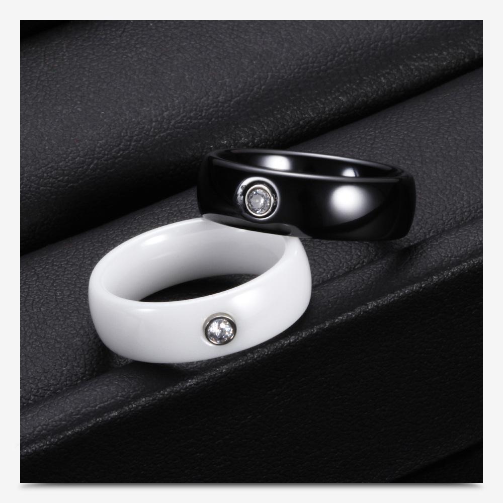 6MM Black & White Ceramic Single Diamond Ring - Trendy Couple's Fashion