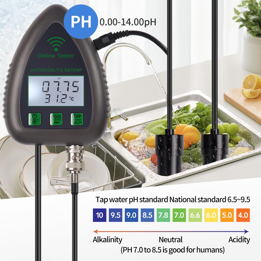 Tuya WiFi 5 In 1 TDS/EC/SALT/S.G./TEMP PH Meter Bluetooth APP Online Water Quality Monitor for Pool Aquarium Aquaculture