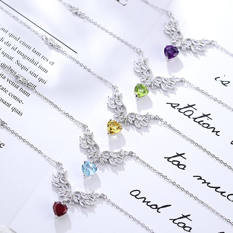 S925 Sterlingsilber Engelsflügel Halskette Koreanische Version Natürlicher Kristall Premium Anhänger Modische Einfache Schlüsselbein Kette Damenmode Geschenk