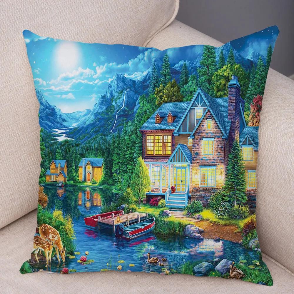 Vintage Colorful Style Coconut Tree Pillow Cover Country House Landscape  Sofa Car Office Cushion  Home Decor