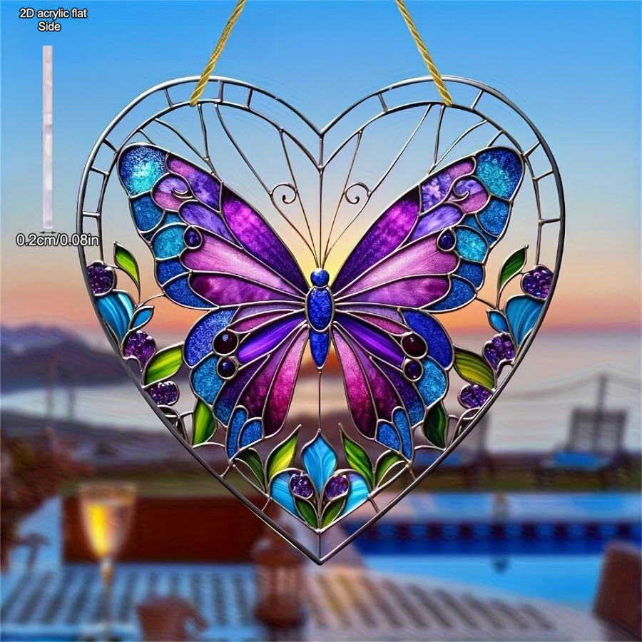 Purple Butterfly Heart-Shaped Painted Style Sunlight Catcher, Ideal Gift for Butterfly and Art Lovers, Valentine's Day Gift, Nurseries, Vintage Home D