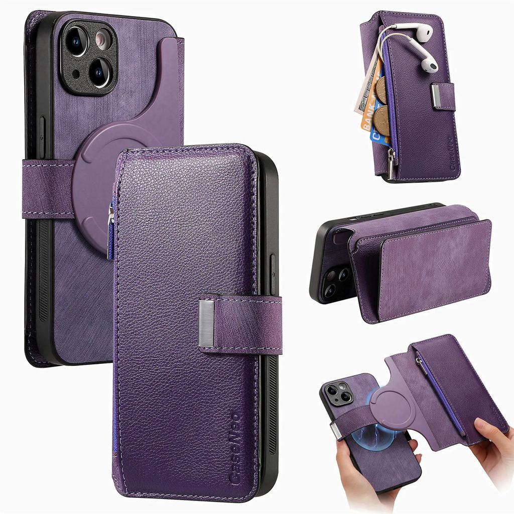 Reißverschluss Kartenfach Geldbörse Leder 2-in-1 Kabellose Ladehülle Für iPhone 15 16 Pro Max 14 Plus 13 12 11 XS Abnehmbare Tasche Hülle