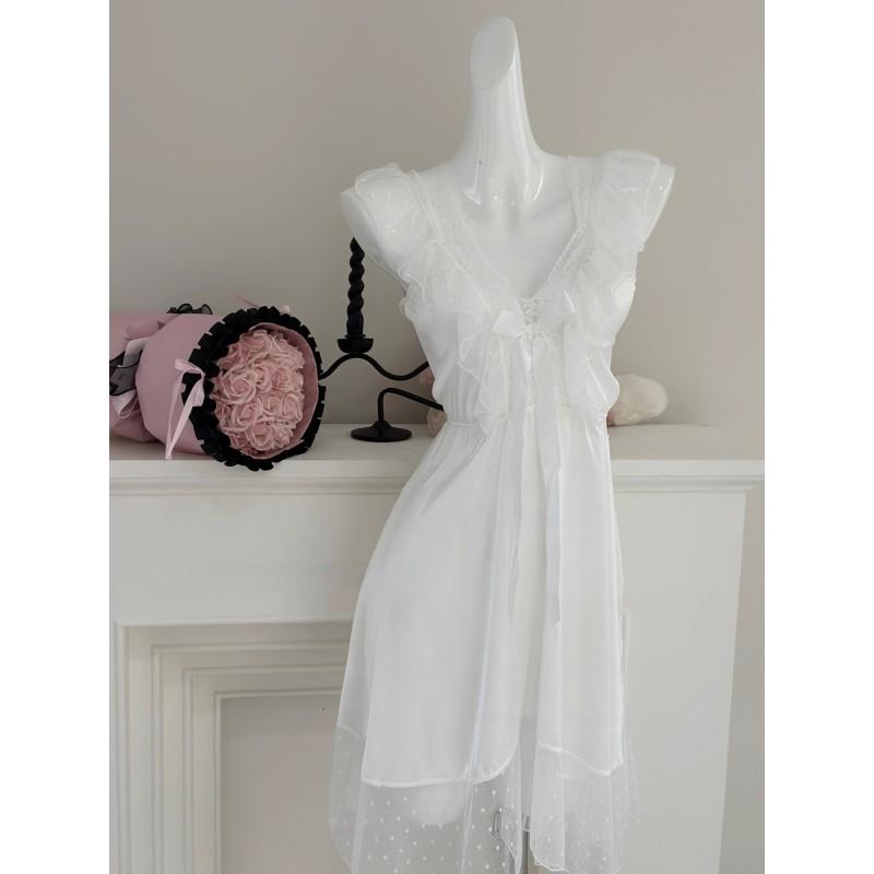 Pure Desire Style Satin Slip Nightdress Sexy Backless Lace Bow Polka Dot Lingerie Women