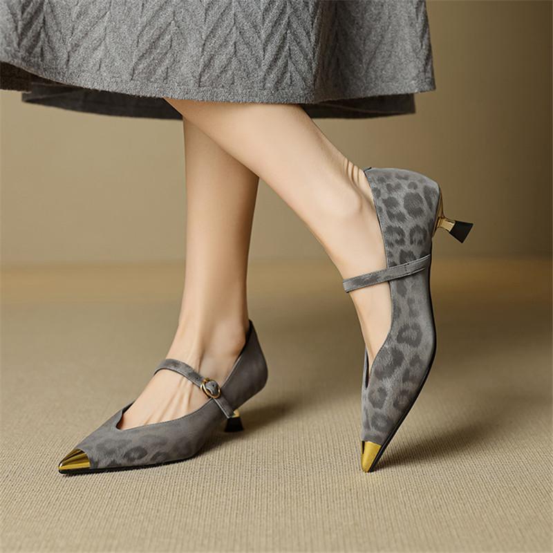 Fashion New Summer Split Leather Women Pumps Shoes for Women Fashion Leopard Print Metal Pointed Toe Mary Jane Shoes Women Ladies Shoes