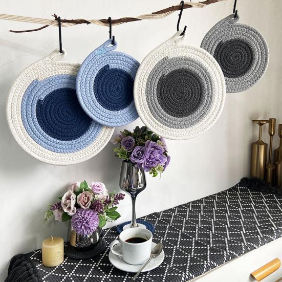 Cotton Rope Coaster, Color Block Heat Insulation Mat for Table, Thickened Potholder for Hot Dishes, Farmhouse Cup Mat