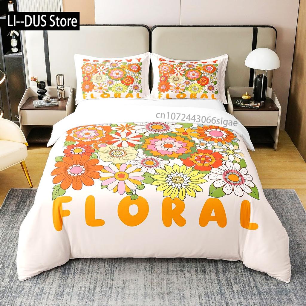 Floral Bedding Set Full Size Colorful Flowers Comforter Cover for Girls Child Duvet Cover Bedroom Decor with 2 Pillow Cases