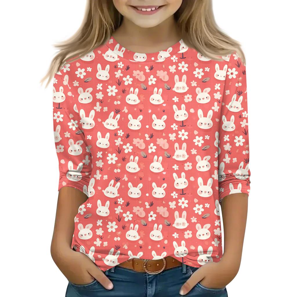 Print Tops For Youth Girls Round Neck 3/4 Sleeves T-Shirts Trendy Tops Outfit Tees