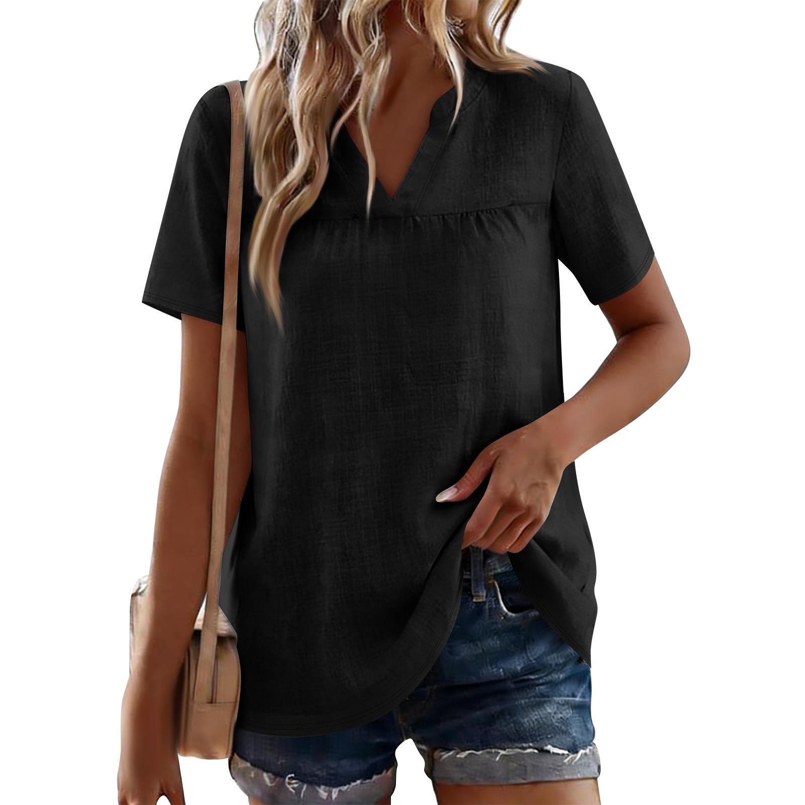 Womens 3/4 Sleeve V Neck Pleated Blouses For Women Dressy Casual Loose Fit Tops XL чёрный