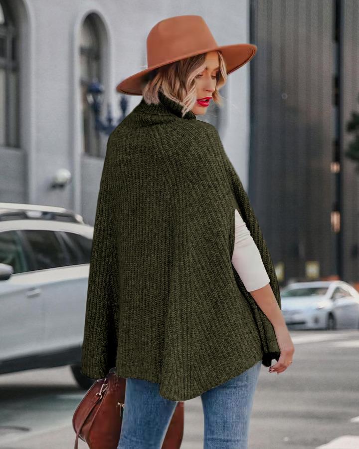 2025 Autumn/Winter Women's High Neck Loose Fashion Cape Sweater - Solid Color