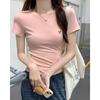 Hot girl's right shoulder short-sleeved T-shirt women's summer new style body-shaping pure desire American tight-fitting short tea art style top